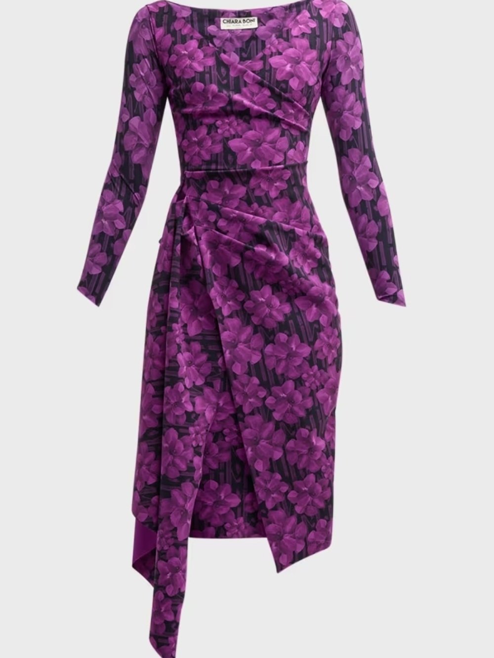 Chiara Boni Purple Floral Draped Long-Sleeve Midi Dress
